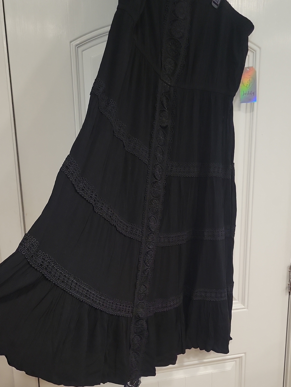 Black Crochet Lace Accent Bohemian Tiered Maxi Skirt Size 3X Elastic Waist